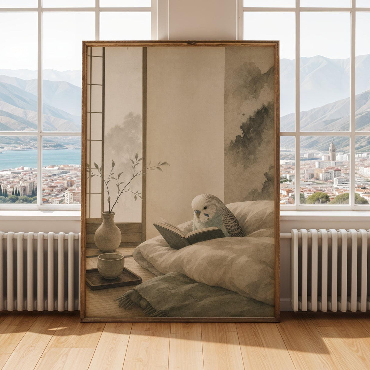 English Budgerigar Reading in Bed Poster | Japanese Zen Ink Wash Bird Wall Art | Warm Ivory Fog Gray Decor | Minimalist Bedroom Print