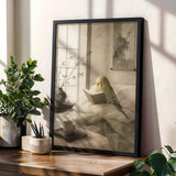 Yellowface Budgerigar Reading in Bed Poster | Japanese Zen Sumi-e Bird Wall Art | Warm Ivory Fog Gray Decor | Minimalist Bedroom Print