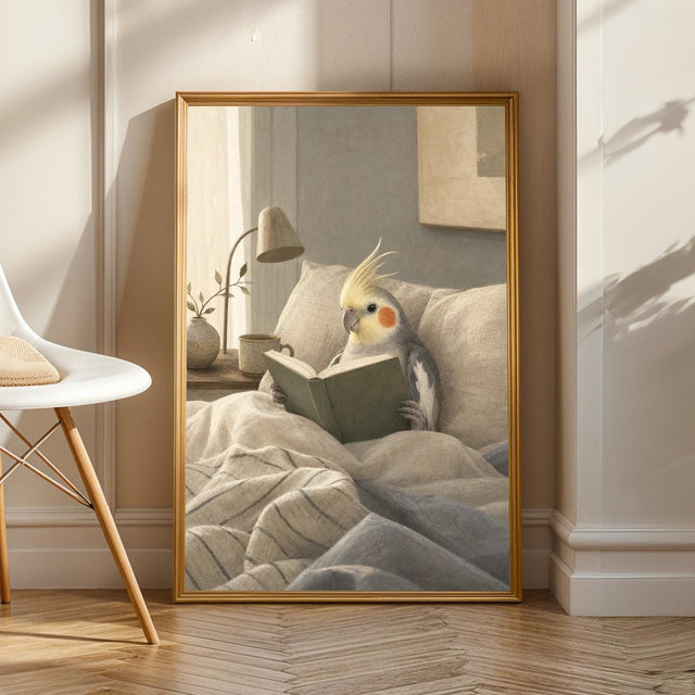 Cockatiel Reading in Bed Poster | Scandinavian Gouache Bird Wall Art | Warm Beige Blue Gray Decor | Cozy Minimalist Bedroom Print