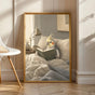 Cockatiel Reading in Bed Poster | Scandinavian Gouache Bird Wall Art | Warm Beige Blue Gray Decor | Cozy Minimalist Bedroom Print