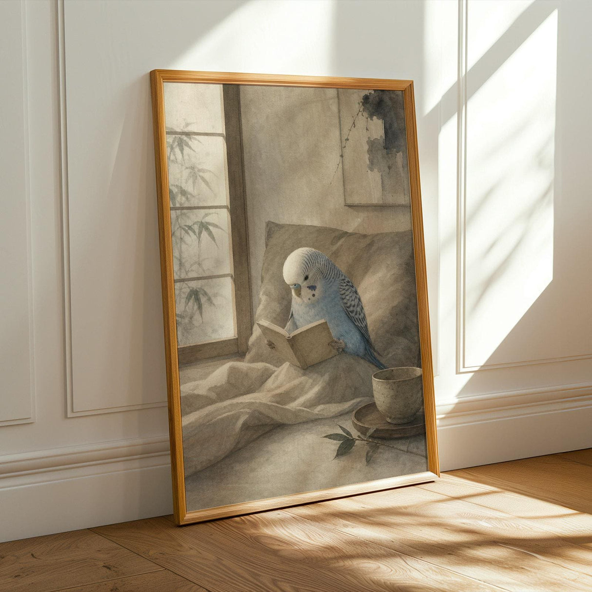 Light Blue Budgerigar Reading in Bed Poster | Japanese Zen Watercolor Bird Wall Art | Fog Gray Ivory Decor | Minimalist Bedroom Print