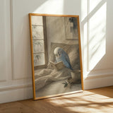 Light Blue Budgerigar Reading in Bed Poster | Japanese Zen Watercolor Bird Wall Art | Fog Gray Ivory Decor | Minimalist Bedroom Print