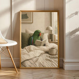 Silver Budgerigar Reading in Bed Poster | Japanese Zen Sumi-e Bird Wall Art | Warm Ivory Fog Gray Decor | Minimalist Bedroom Print