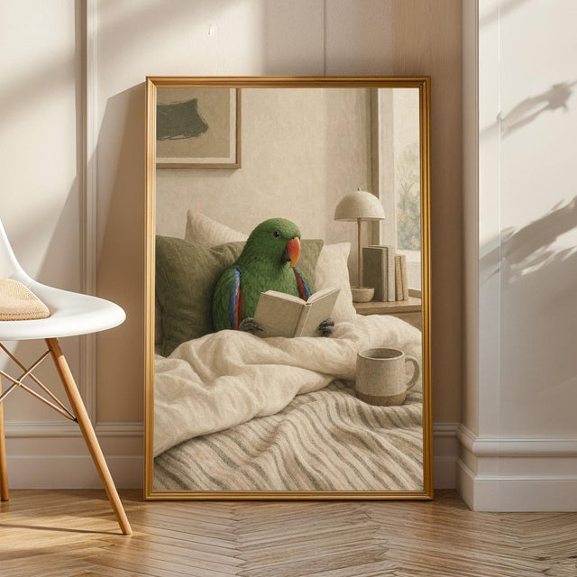 Silver Budgerigar Reading in Bed Poster | Japanese Zen Sumi-e Bird Wall Art | Warm Ivory Fog Gray Decor | Minimalist Bedroom Print