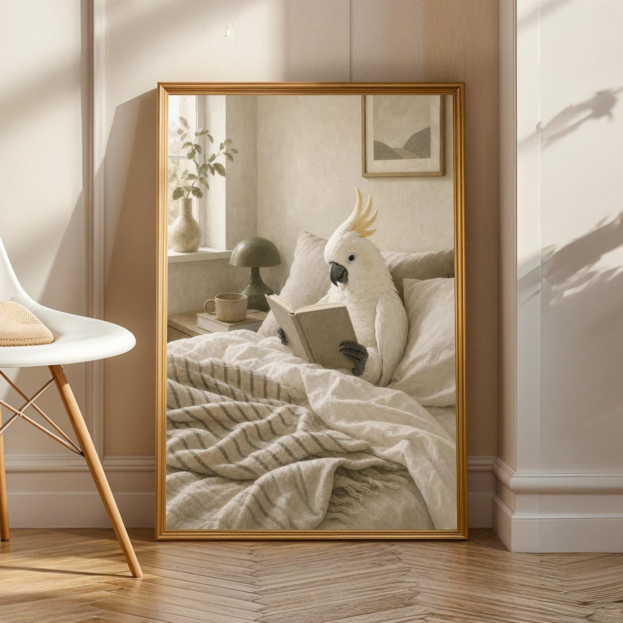 White Cockatoo Reading in Bed Poster | Scandinavian Gouache Bird Wall Art | Warm Beige Oat Milk Decor | Cozy Minimalist Bedroom Print