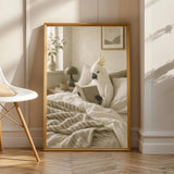 White Cockatoo Reading in Bed Poster | Scandinavian Gouache Bird Wall Art | Warm Beige Oat Milk Decor | Cozy Minimalist Bedroom Print