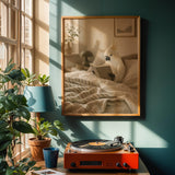 White Cockatoo Reading in Bed Poster | Scandinavian Gouache Bird Wall Art | Warm Beige Oat Milk Decor | Cozy Minimalist Bedroom Print