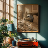 African Grey Parrot Reading in Bed Poster | Modern Soft Gouache Bird Wall Art | Warm Beige Oat Milk Decor | Cozy Minimalist Bedroom Print
