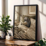 African Grey Parrot Reading in Bed Poster | Modern Soft Gouache Bird Wall Art | Warm Beige Oat Milk Decor | Cozy Minimalist Bedroom Print