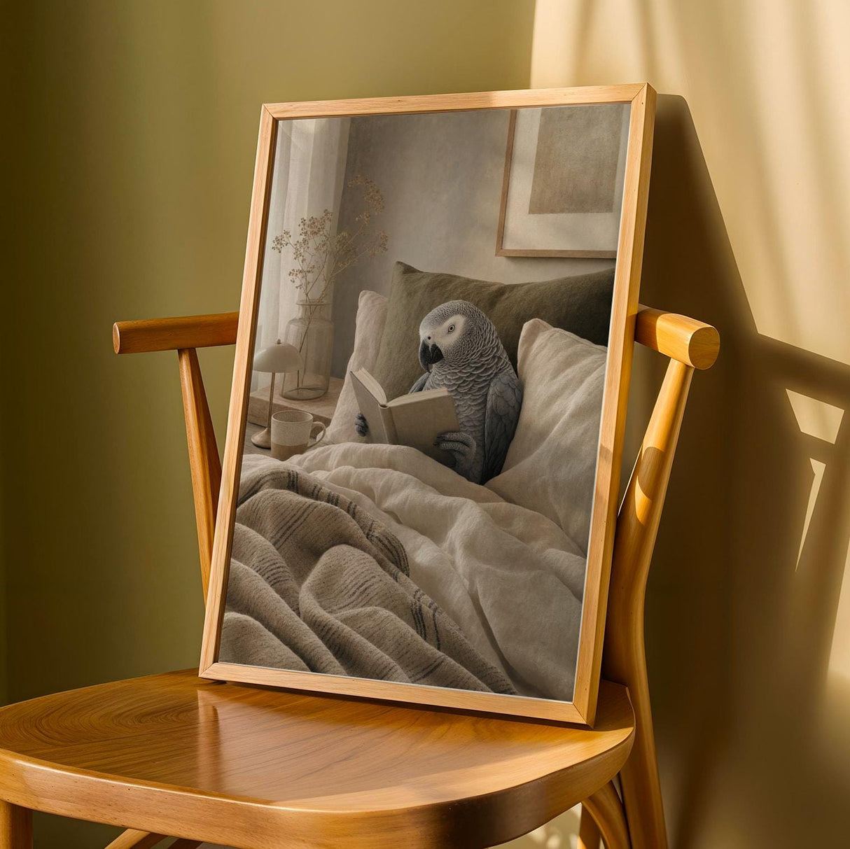 African Grey Parrot Reading in Bed Poster | Modern Soft Gouache Bird Wall Art | Warm Beige Oat Milk Decor | Cozy Minimalist Bedroom Print