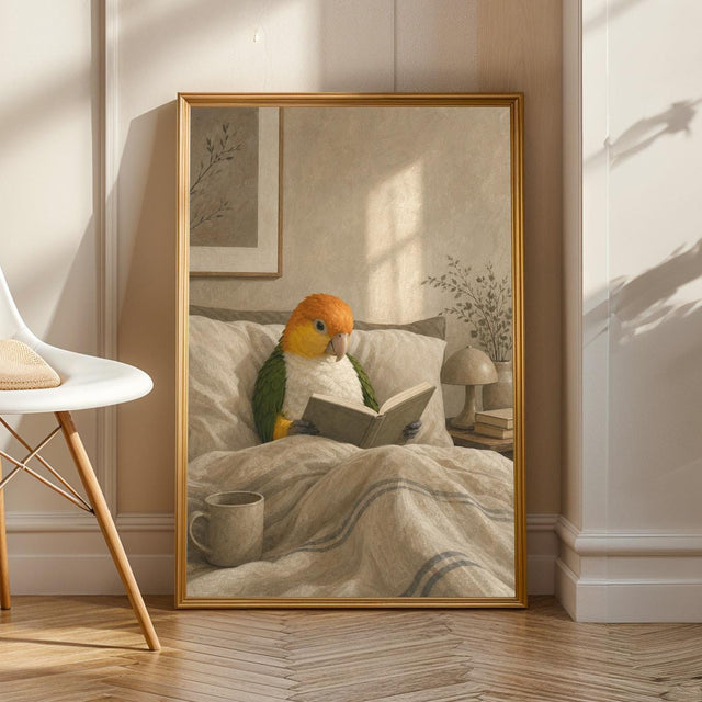 White Bellied Caique Reading in Bed Poster | Modern Gouache Bird Wall Art | Warm Beige Oat Milk Decor | Cozy Minimalist Bedroom Print