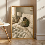 Dusky Conure Reading in Bed in a scandinavian gouache poster illustration