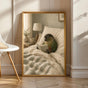 Dusky Conure Reading in Bed Poster | Scandinavian Gouache Bird Wall Art | Warm Beige Oat Milk Decor | Cozy Minimalist Bedroom Print