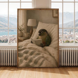 Dusky Conure Reading in Bed Poster | Scandinavian Gouache Bird Wall Art | Warm Beige Oat Milk Decor | Cozy Minimalist Bedroom Print