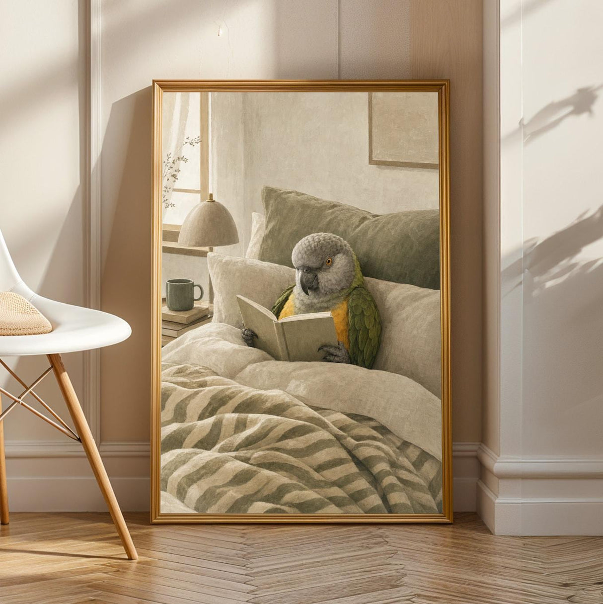 Senegal Parrot Reading in Bed Poster | Scandinavian Soft Gouache Bird Wall Art | Warm Beige Oat Milk Decor | Cozy Minimalist Bedroom Print