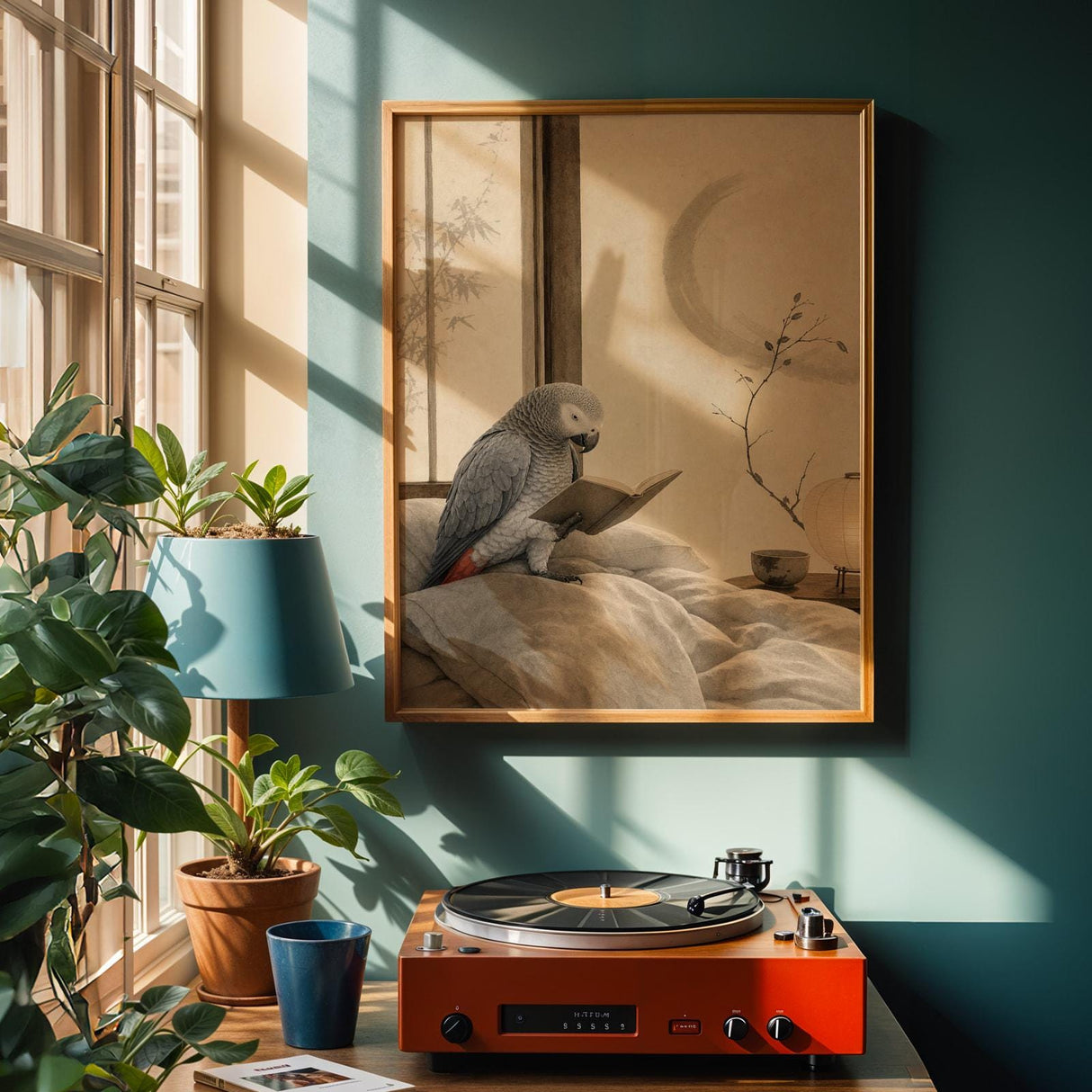African Grey Parrot Reading in Bed Poster | Japanese Zen Ink Wash Bird Wall Art | Warm Ivory Fog Gray Decor | Minimalist Bedroom Print