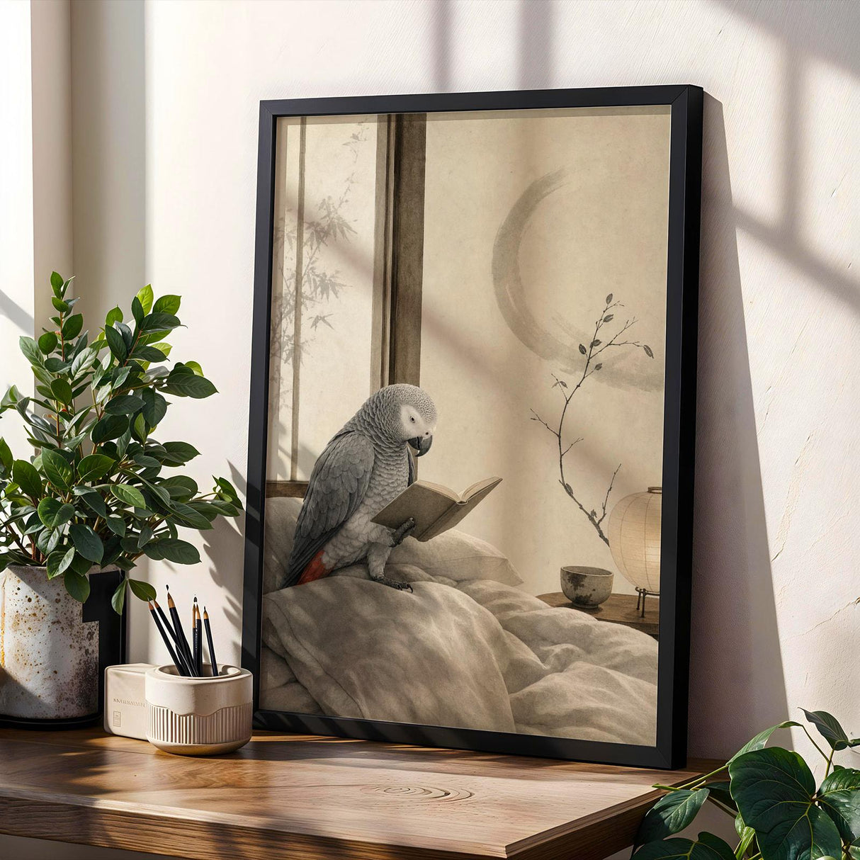 African Grey Parrot Reading in Bed Poster | Japanese Zen Ink Wash Bird Wall Art | Warm Ivory Fog Gray Decor | Minimalist Bedroom Print