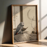 African Grey Parrot Reading in Bed Poster | Japanese Zen Ink Wash Bird Wall Art | Warm Ivory Fog Gray Decor | Minimalist Bedroom Print