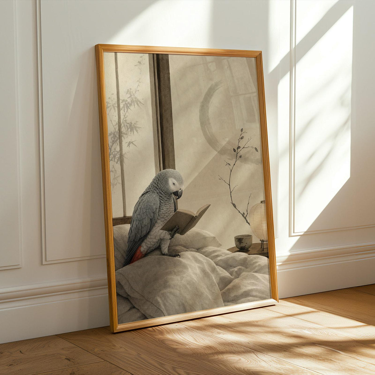 African Grey Parrot Reading in Bed Poster | Japanese Zen Ink Wash Bird Wall Art | Warm Ivory Fog Gray Decor | Minimalist Bedroom Print