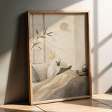 White Cockatoo Reading in Bed Poster | Japanese Zen Ink Wash Bird Wall Art | Warm Ivory Fog Gray Decor | Cozy Minimalist Reading Nook Print