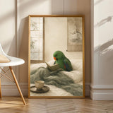 Eclectus Parrot Reading in Bed Poster | Japanese Zen Ink Wash Bird Wall Art | Warm Ivory Fog Gray Decor | Minimalist Bedroom Print
