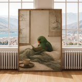 Eclectus Parrot Reading in Bed Poster | Japanese Zen Ink Wash Bird Wall Art | Warm Ivory Fog Gray Decor | Minimalist Bedroom Print