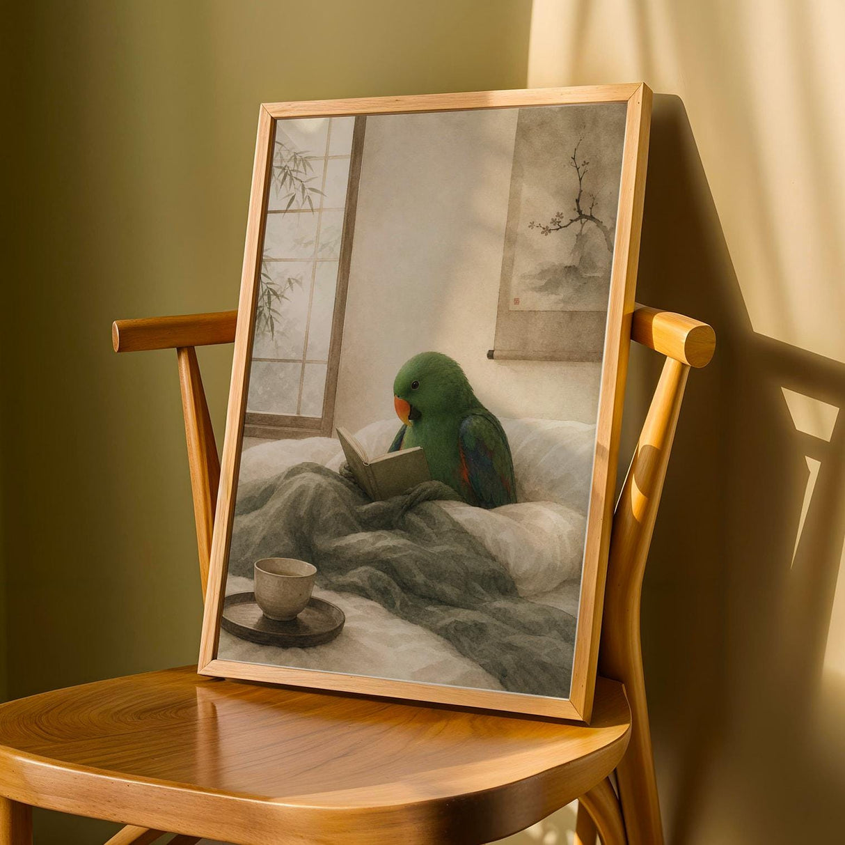 Eclectus Parrot Reading in Bed Poster | Japanese Zen Ink Wash Bird Wall Art | Warm Ivory Fog Gray Decor | Minimalist Bedroom Print