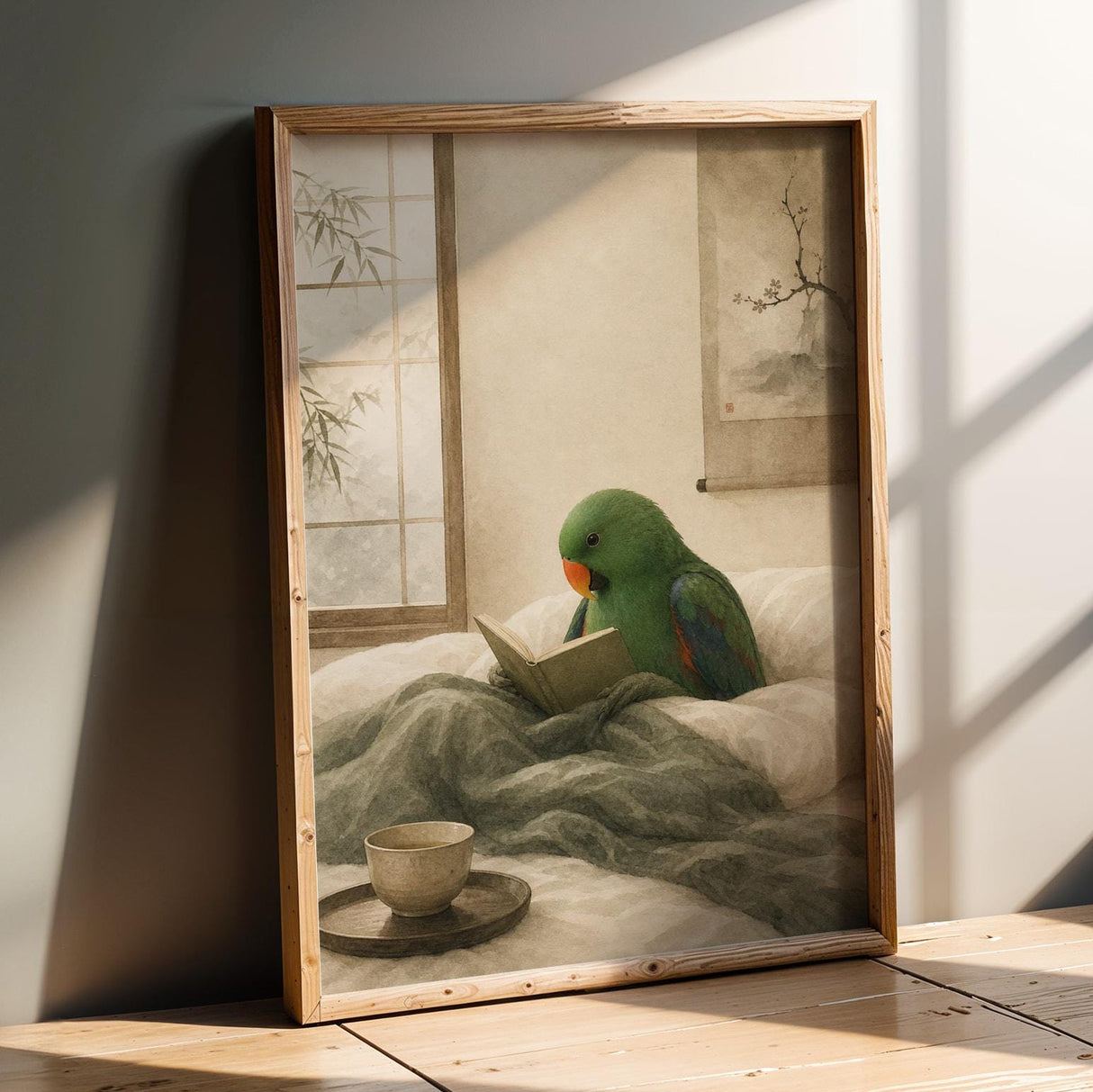 Eclectus Parrot Reading in Bed Poster | Japanese Zen Ink Wash Bird Wall Art | Warm Ivory Fog Gray Decor | Minimalist Bedroom Print