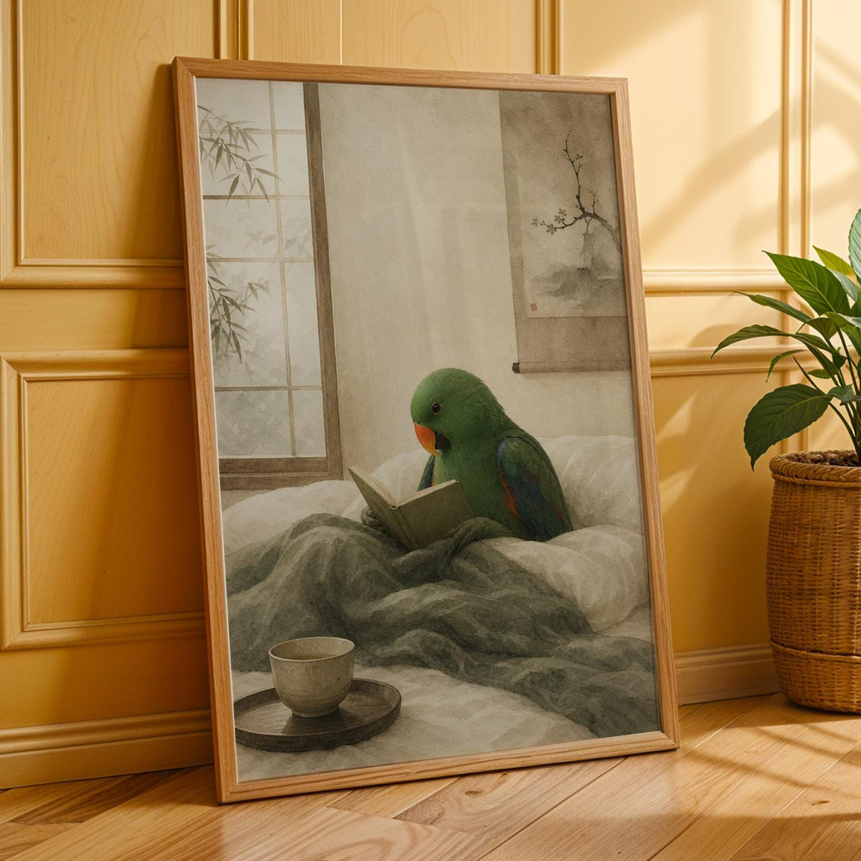 Eclectus Parrot Reading in Bed Poster | Japanese Zen Ink Wash Bird Wall Art | Warm Ivory Fog Gray Decor | Minimalist Bedroom Print