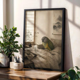 Senegal Parrot Reading in Bed Poster | Japanese Zen Ink Wash Bird Wall Art | Warm Ivory Fog Gray Decor | Minimalist Bedroom Print