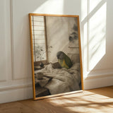 Senegal Parrot Reading in Bed Poster | Japanese Zen Ink Wash Bird Wall Art | Warm Ivory Fog Gray Decor | Minimalist Bedroom Print