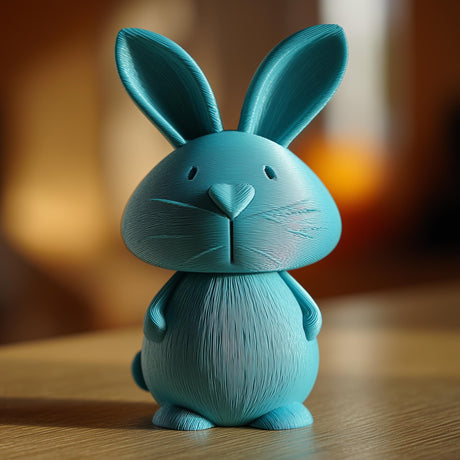 3D printed bunny memorial urn with removable lid displayed on a wooden tabletop in warm indoor lighting.