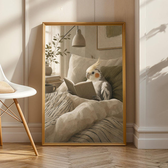 Pied Cockatiel Reading in Bed Poster | Scandinavian Gouache Bird Wall Art | Warm Beige Ivory Decor | Cozy Minimalist Bedroom Print