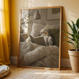 Pied Cockatiel Reading in Bed Poster | Scandinavian Gouache Bird Wall Art | Warm Beige Ivory Decor | Cozy Minimalist Bedroom Print