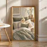 Pearl Cockatiel Reading in Bed Poster | Modern Gouache Bird Wall Art | Warm Beige Soft Ivory Decor | Cozy Minimalist Bedroom Print