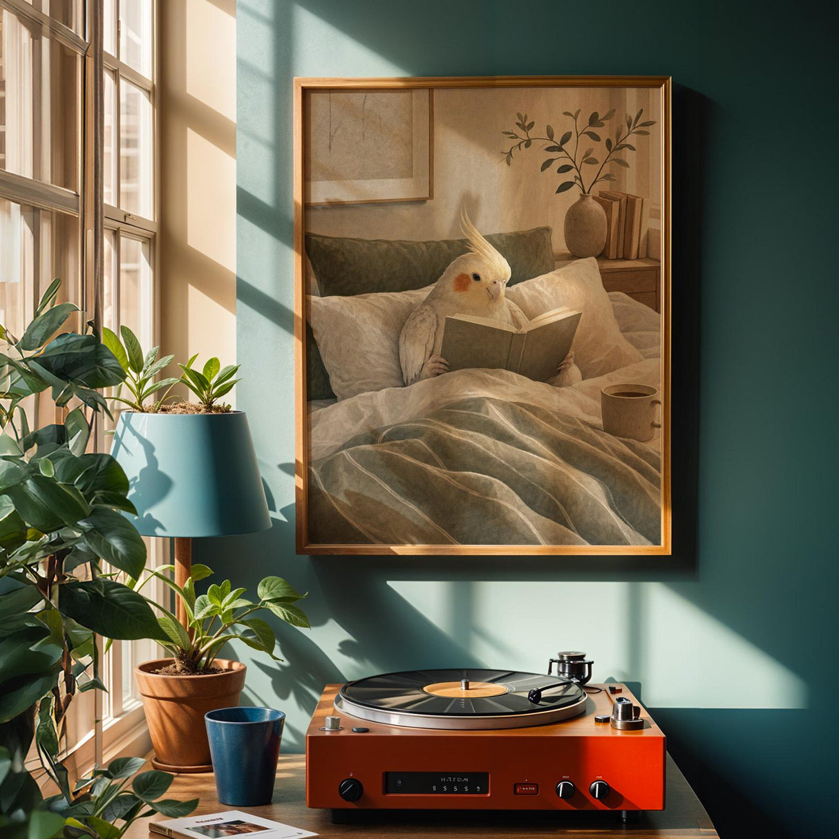 Pearl Cockatiel Reading in Bed Poster | Modern Gouache Bird Wall Art | Warm Beige Soft Ivory Decor | Cozy Minimalist Bedroom Print