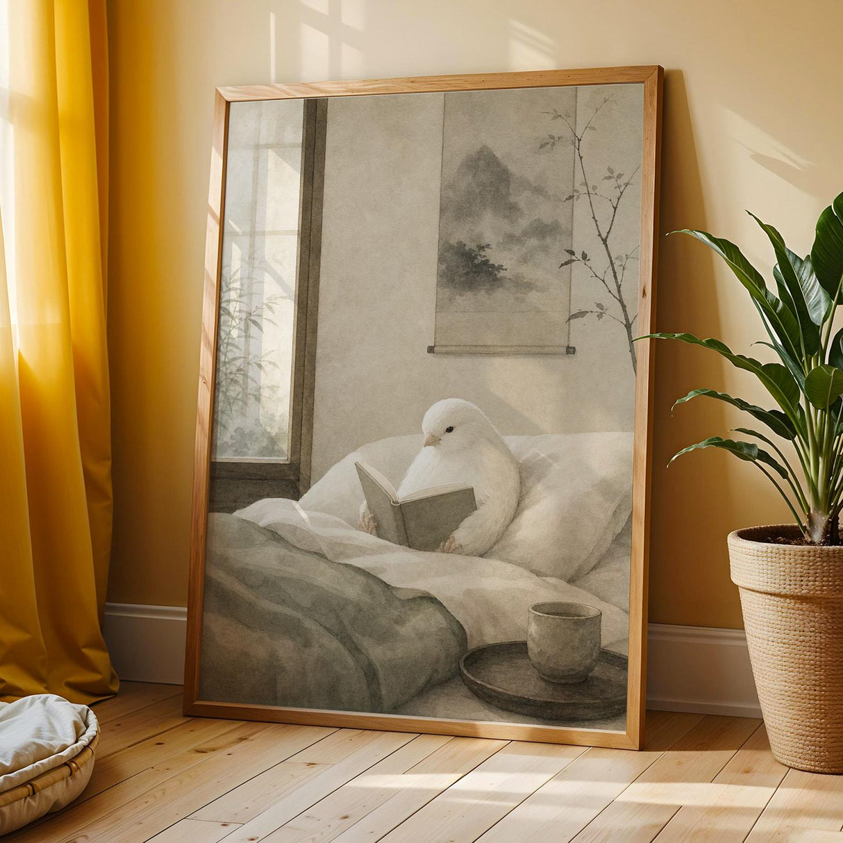 White Gloster Canary Reading in Bed Poster | Japanese Zen Sumi-e Bird Wall Art | Warm Ivory Fog Gray Decor | Minimalist Bedroom Print