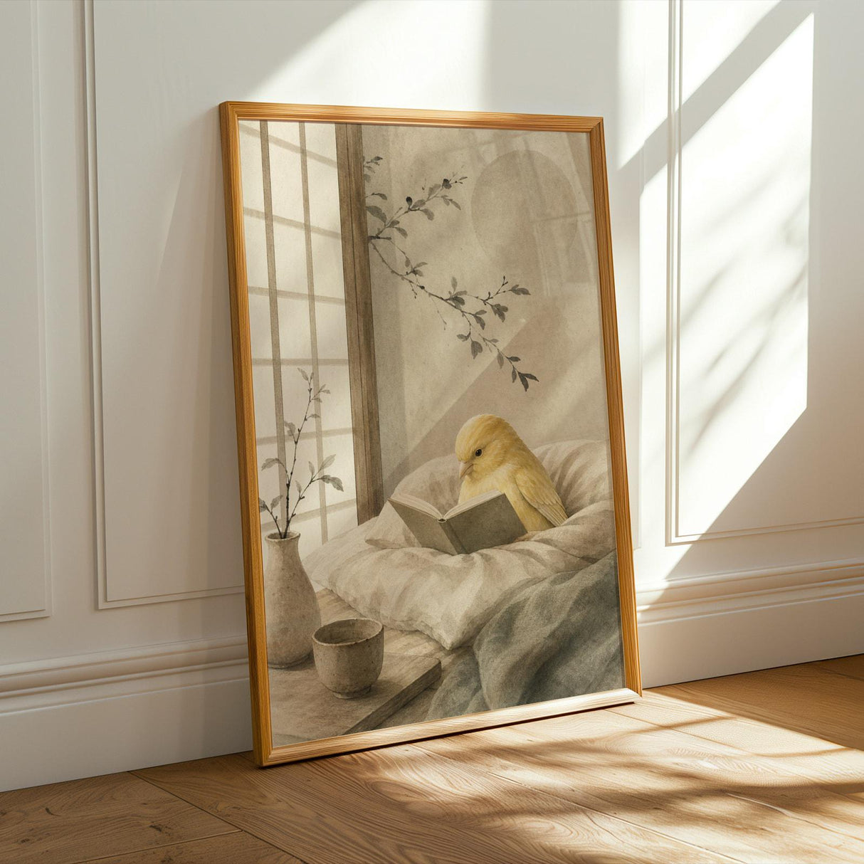 Fife Fancy Canary Reading in Bed Poster | Japanese Zen Ink Wash Bird Wall Art | Warm Ivory Fog Gray Decor | Minimalist Bedroom Print