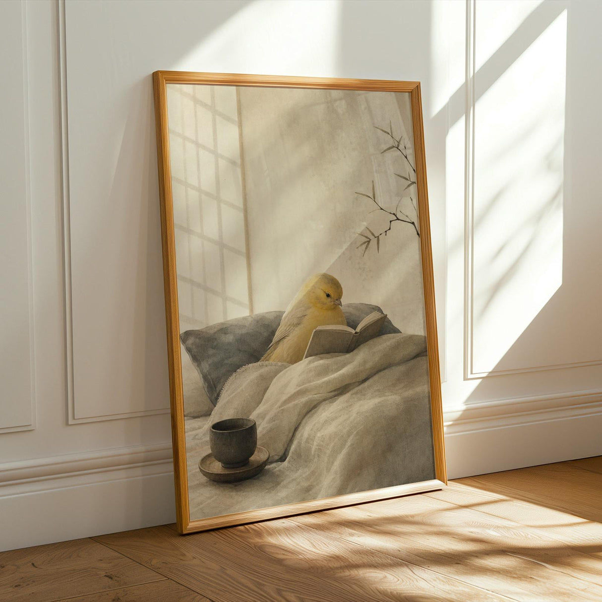 Roller Canary Reading in Bed Poster | Japanese Zen Sumi-e Bird Wall Art | Warm Ivory Neutral Decor | Minimalist Living Room Print