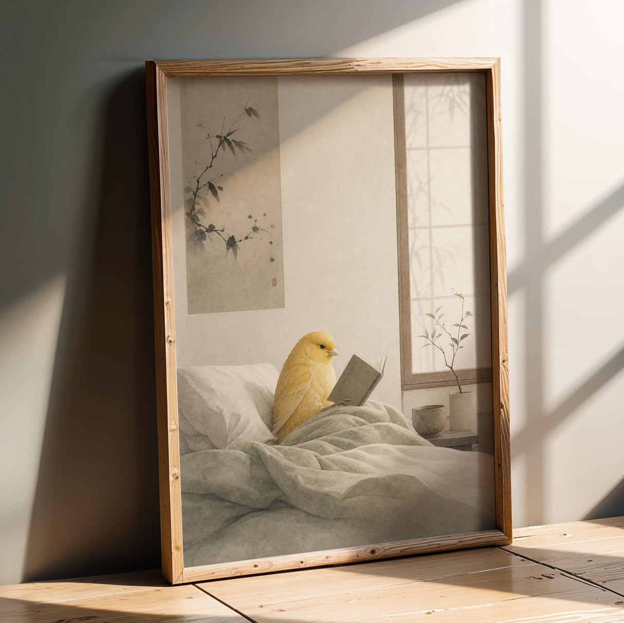 American Singer Canary Reading in Bed Poster | Japanese Zen Sumi-e Bird Wall Art | Warm Ivory Fog Gray Decor | Minimalist Bedroom Print
