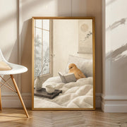 Cinnamon Canary Reading in Bed in a japanese zen sumi-e poster illustration