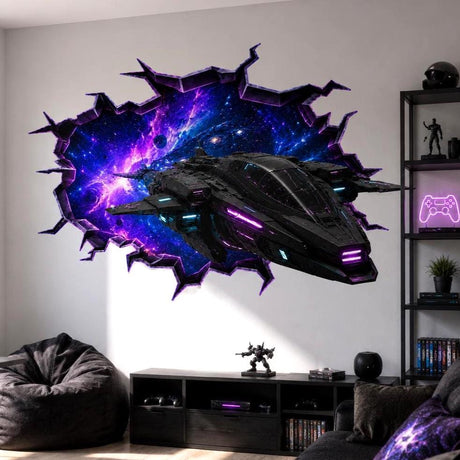 3D broken wall vinyl decal showing a futuristic spaceship flying out of a purple-blue galaxy nebula with neon lighting accents.