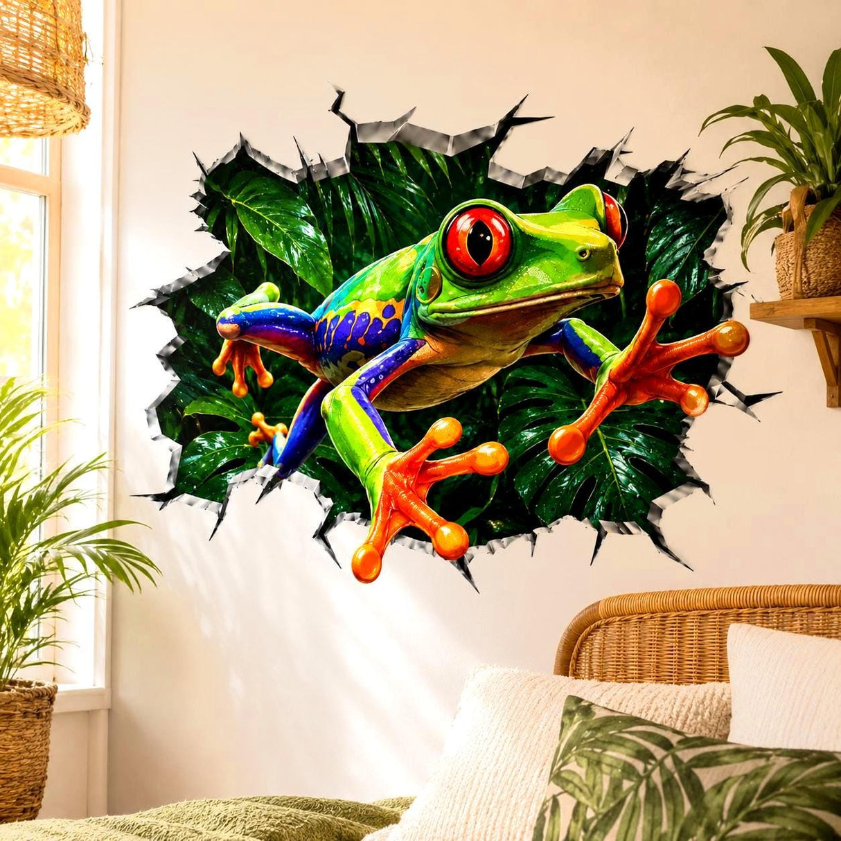 3D broken wall vinyl decal featuring a weird colorful tree frog with big red eyes reaching forward in a lush green rainforest background.