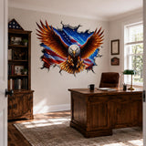 Bald Eagle Wall Vinyl Decal | American Flag Broken Wall Illusion Sticker | Patriotic USA Wall Art | Man Cave Garage Office Decor