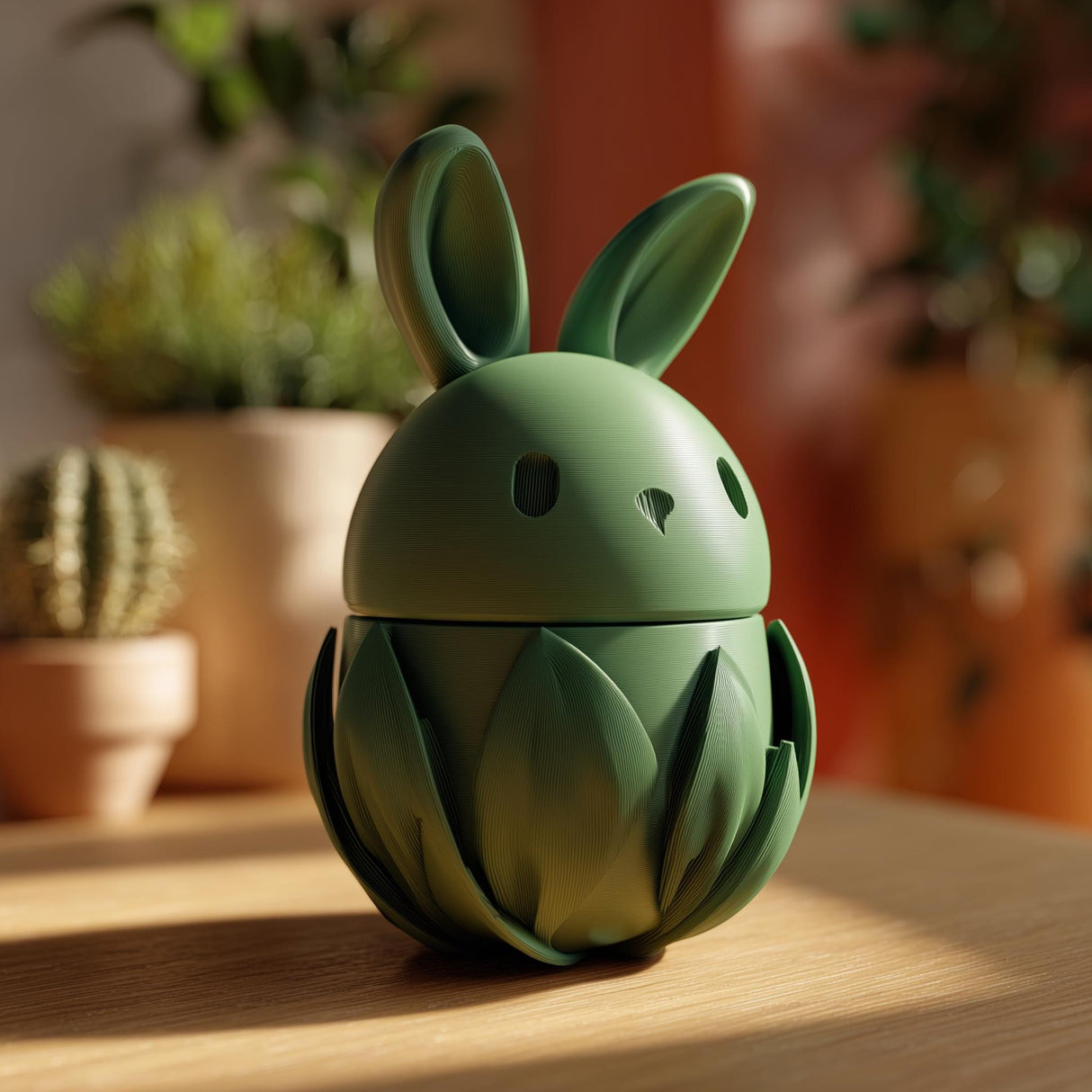 3D printed bunny memorial urn with removable lid and decorative floral base displayed on a wooden table in warm natural lighting.