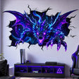 Purple and blue neon cyberpunk dragon wall vinyl decal bursting through a cracked wall with glowing eyes, spread wings, horns, and extended claws. Broken Wall Illusion Sticker