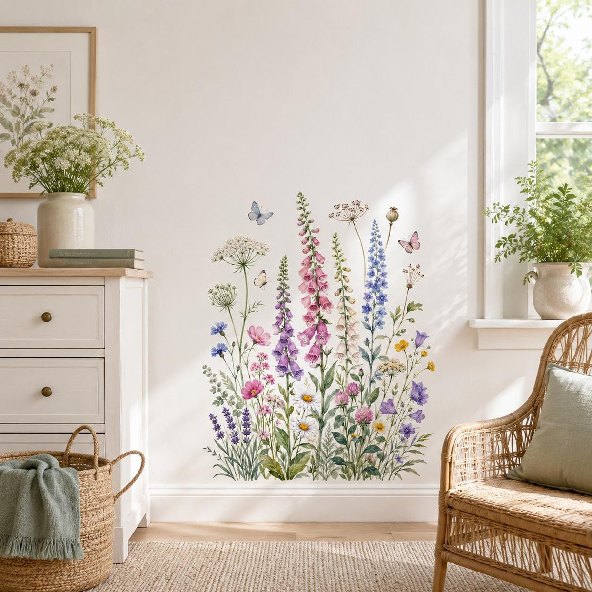 Watercolor Wildflower Meadow Wall Vinyl Decal | Foxglove Delphinium Daisy Sticker | Cottagecore Nursery Wall Art | Boho Floral Decor
