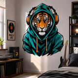 Tiger in Hoodie Wall Vinyl Decal | Gamer Tiger Headphones Sticker | Urban Animal Wall Art | Teen Bedroom Gaming Room Decor