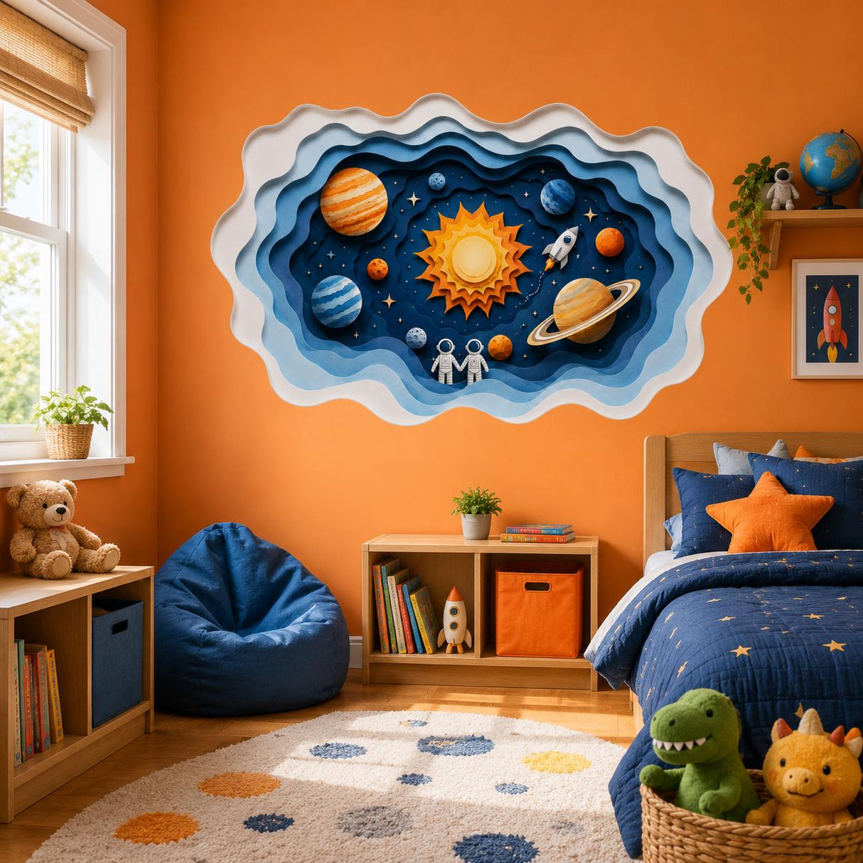 Layered Solar System Wall Vinyl Decal | Paper Cut Space Illusion Sticker | Planets Rocket Astronaut Wall Art | Nursery Kids Room Decor
