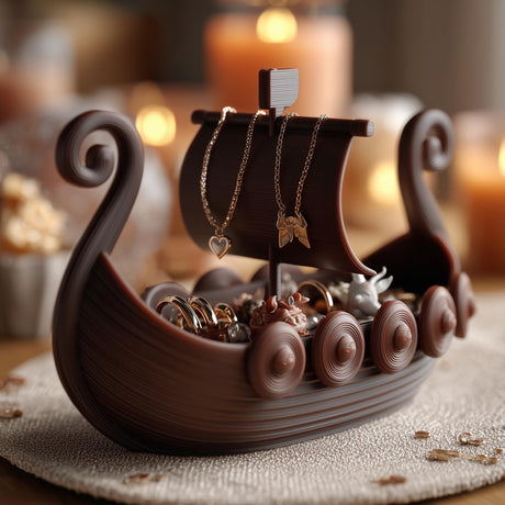 Viking ship-shaped jewelry organizer with a curved boat tray, mast, sail, and hanging necklaces, holding rings and small jewelry on a tabletop in warm indoor light.